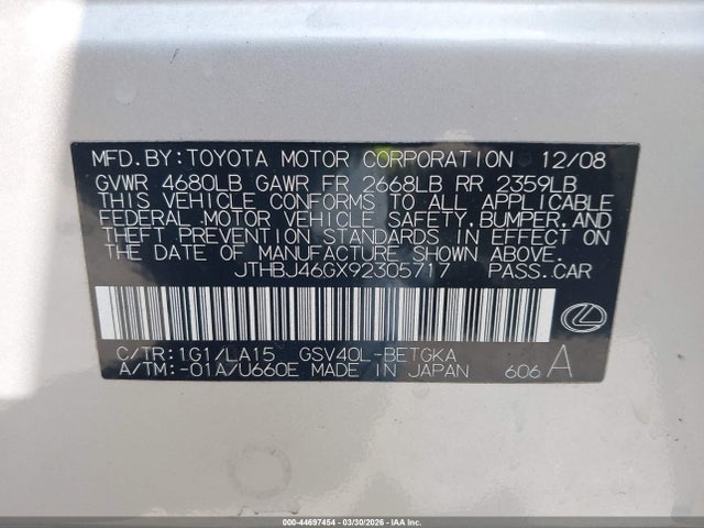 44697454 :رقم المزاد ، JTHBJ46GX92305717 vin ، 2009 Lexus Es 350 مزاد بيع