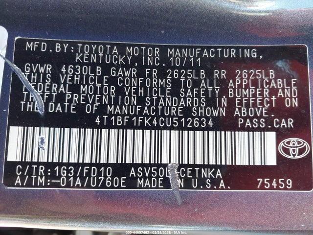Auction sale of the 2012 Toyota Camry Le, vin: 4T1BF1FK4CU512634, lot number: 44697462
