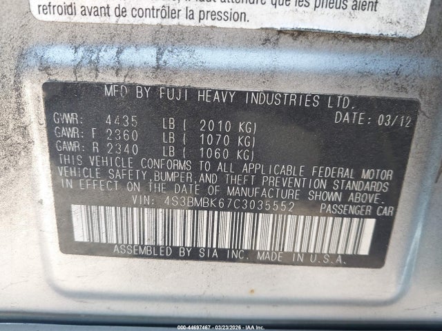 2012 Subaru Legacy 2.5i Limited მანქანა იყიდება აუქციონზე, vin: 4S3BMBK67C3035552, აუქციონის ნომერი: 44697467