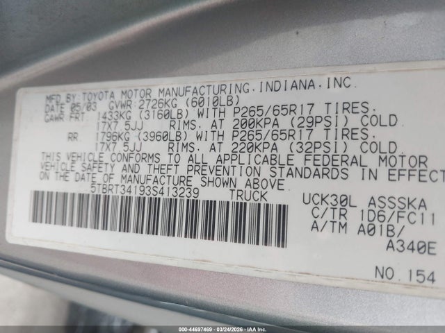 2003 TOYOTA TUNDRA 5TBRT34193S413239 Photo 8