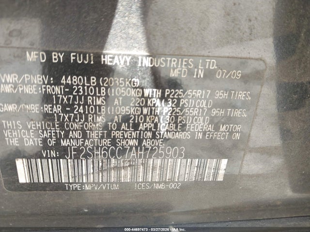 2010 Subaru Forester 2.5x Premium მანქანა იყიდება აუქციონზე, vin: JF2SH6CC7AH725903, აუქციონის ნომერი: 44697473