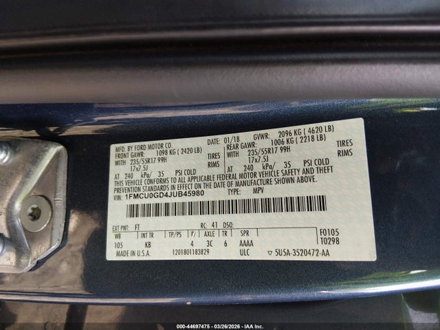44697475 :رقم المزاد ، 1FMCU0GD4JUB45980 vin ، 2018 Ford Escape Se مزاد بيع