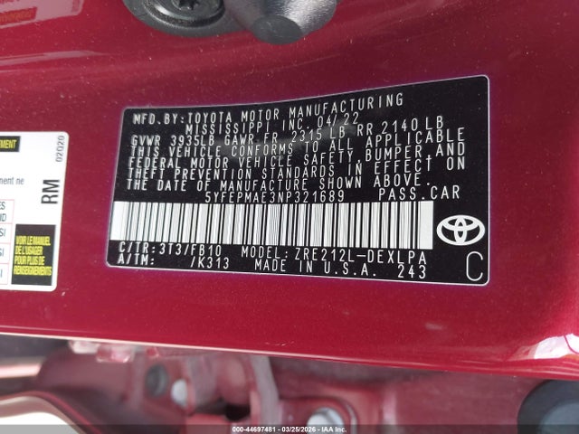 Aukcja sprzedaży 2022 Toyota Corolla Le, vin: 5YFEPMAE3NP321689, numer aukcji: 44697481
