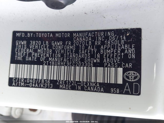 Toyota Corolla Le Plus 2014 2T1BURHE9EC203306 Image 9