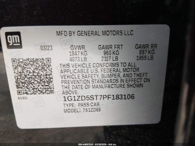 Aukcja sprzedaży 2023 Chevrolet Malibu Fwd 1lt, vin: 1G1ZD5ST7PF183106, numer aukcji: 44697524