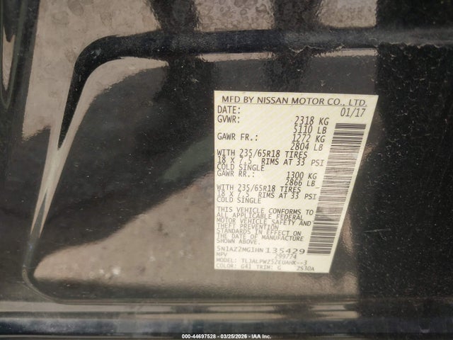 Aukcja sprzedaży 2017 Nissan Murano S, vin: 5N1AZ2MG1HN135429, numer aukcji: 44697528