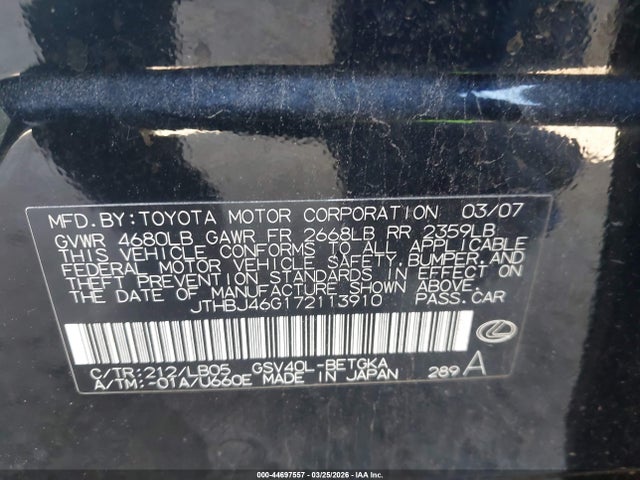 Aukcja sprzedaży 2007 Lexus Es 350, vin: JTHBJ46G172113910, numer aukcji: 44697557