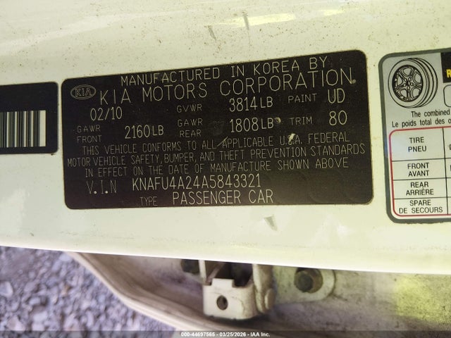 44697565 :رقم المزاد ، KNAFU4A24A5843321 vin ، 2010 Kia Forte Ex مزاد بيع