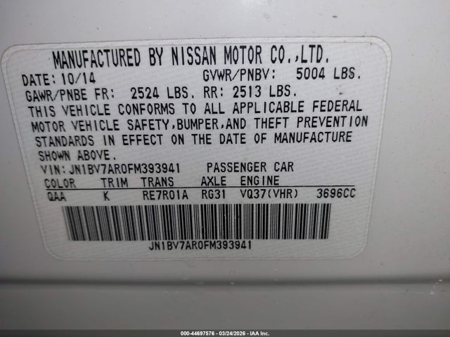 44697576 :رقم المزاد ، JN1BV7AR0FM393941 vin ، 2015 Infiniti Q50 Sport مزاد بيع