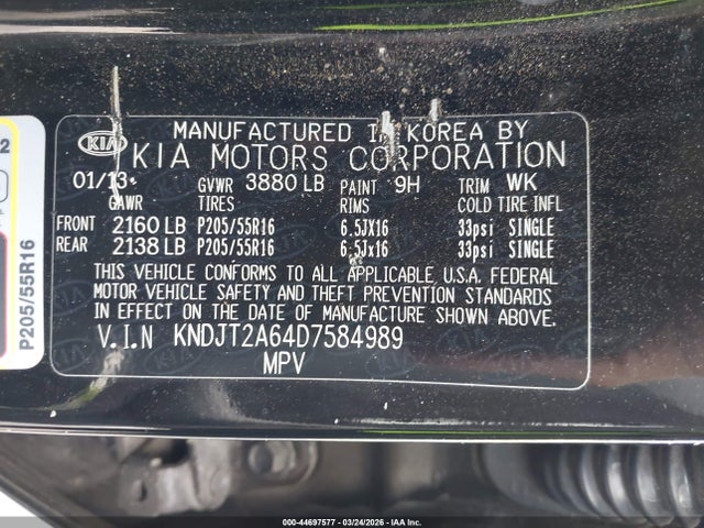 44697577 :رقم المزاد ، KNDJT2A64D7584989 vin ، 2013 Kia Soul + مزاد بيع
