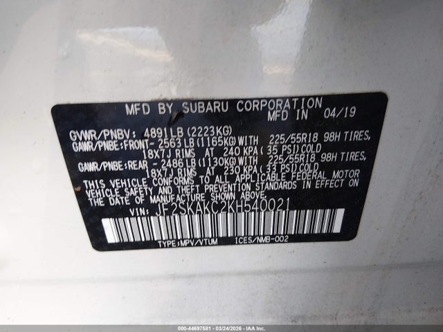 44697581 :رقم المزاد ، JF2SKAKC2KH540021 vin ، 2019 Subaru Forester Sport مزاد بيع