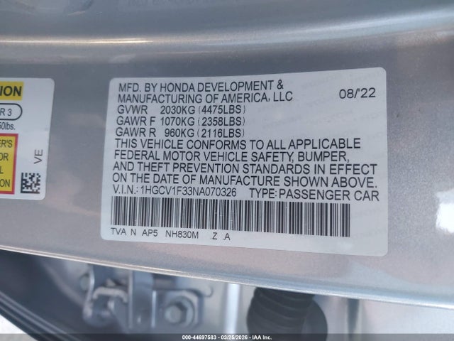 2022 HONDA ACCORD 1HGCV1F33NA070326 Photo 8