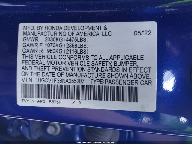 2022 HONDA ACCORD 1HGCV1F38NA055207 Photo 8