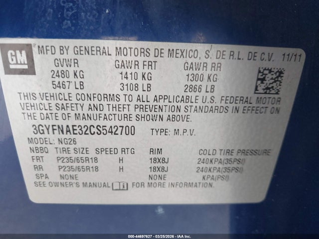 44697627 :رقم المزاد ، 3GYFNAE32CS542700 vin ، 2012 Cadillac Srx Luxury Collection مزاد بيع