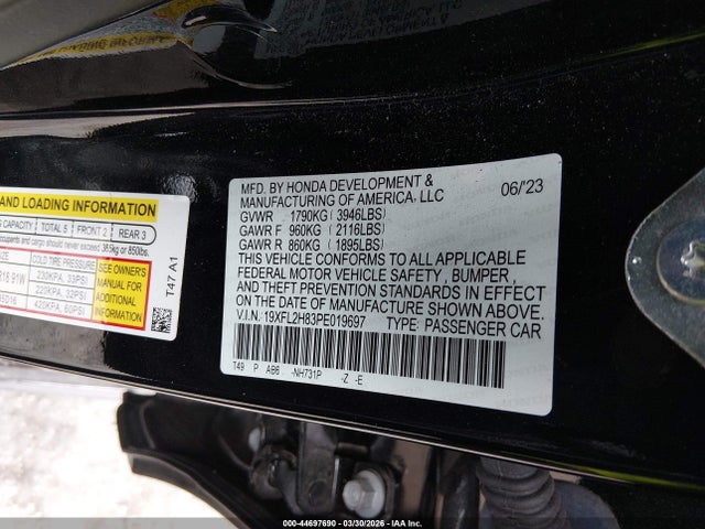 2023 Honda Civic Sport მანქანა იყიდება აუქციონზე, vin: 19XFL2H83PE019697, აუქციონის ნომერი: 44697690