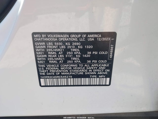 Aukcja sprzedaży 2024 Volkswagen Atlas 2.0t Sel Premium R-line, vin: 1V2FR2CA5RC545279, numer aukcji: 44697723