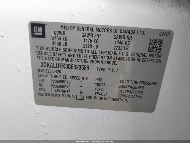 Продаж на аукціоні авто 2012 Gmc Terrain Slt-1, vin: 2GKALUEK0C6323588, номер лоту: 44697727