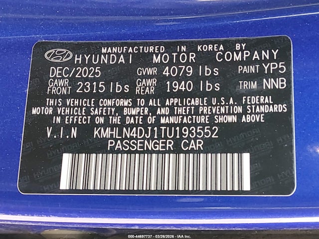 Продаж на аукціоні авто 2026 Hyundai Elantra Hybrid Limited, vin: KMHLN4DJ1TU193552, номер лоту: 44697737