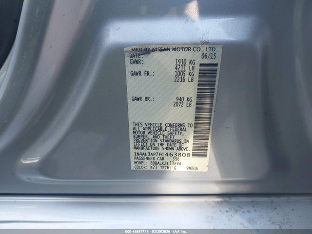 Nissan Altima 2.5 Sv 2015 1N4AL3AP7FC463808 Image 9
