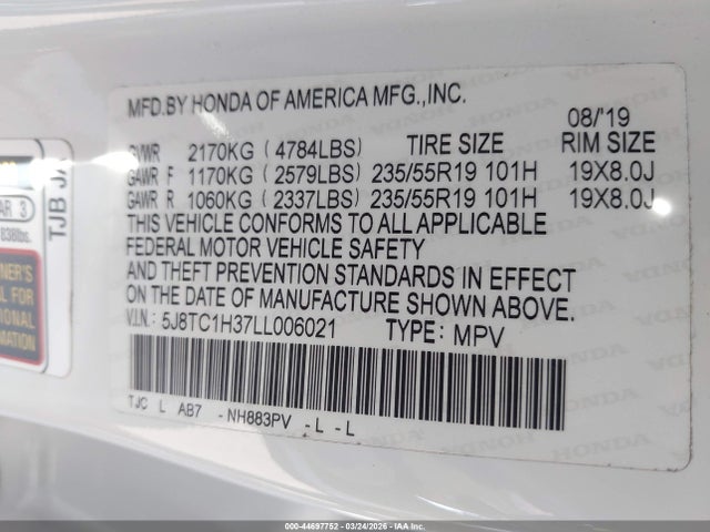 2020 Acura Rdx Standard მანქანა იყიდება აუქციონზე, vin: 5J8TC1H37LL006021, აუქციონის ნომერი: 44697752