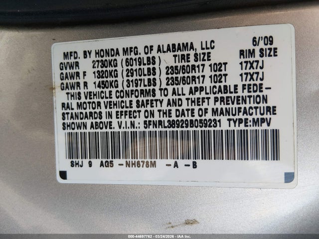 Продажа на аукционе авто 2009 Honda Odyssey Touring, vin: 5FNRL38929B059231, номер лота: 44697762