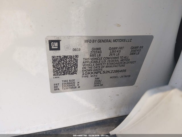 44697766 :رقم المزاد ، 1GKKNPLS2KZ286405 vin ، 2019 Gmc Acadia Denali مزاد بيع