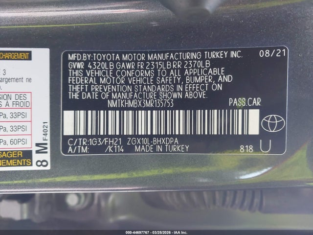 Aukcja sprzedaży 2021 Toyota C-hr Le, vin: NMTKHMBX3MR135753, numer aukcji: 44697767