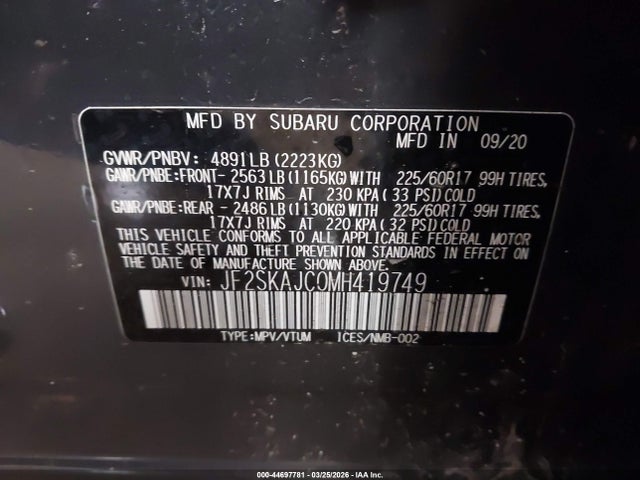 44697781 :رقم المزاد ، JF2SKAJC0MH419749 vin ، 2021 Subaru Forester Premium مزاد بيع