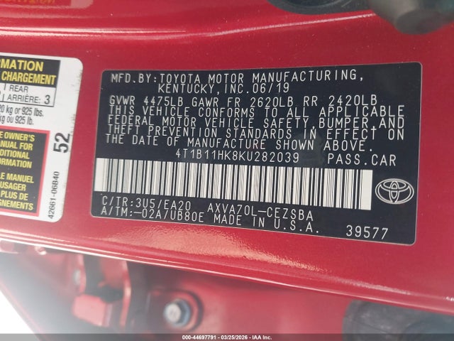 4T1B11HK8KU282039 Toyota CAMRY SE