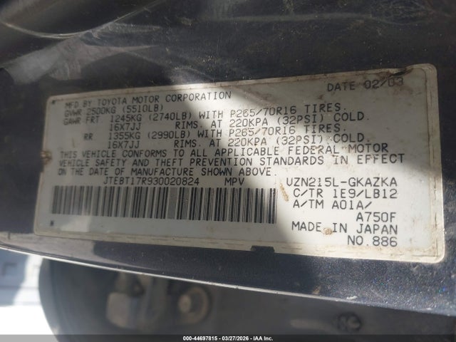 2003 TOYOTA 4RUNNER JTEBT17R930020824 Photo 8
