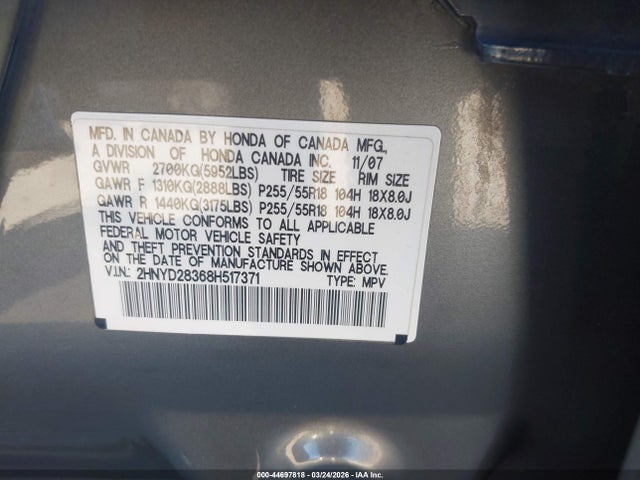 Продаж на аукціоні авто 2008 Acura Mdx Technology Package, vin: 2HNYD28368H517371, номер лоту: 44697818
