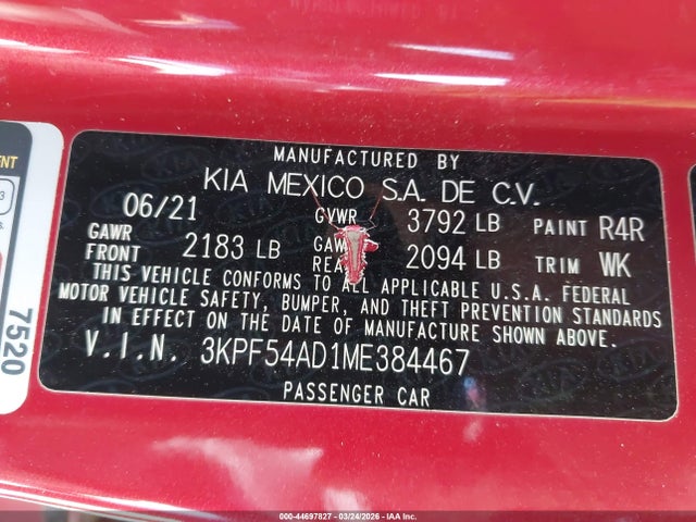 Продажа на аукционе авто 2021 Kia Forte Ex, vin: 3KPF54AD1ME384467, номер лота: 44697827