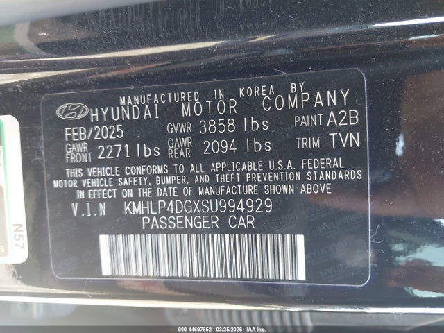 44697852 :رقم المزاد ، KMHLP4DGXSU994929 vin ، 2025 Hyundai Elantra Limited مزاد بيع
