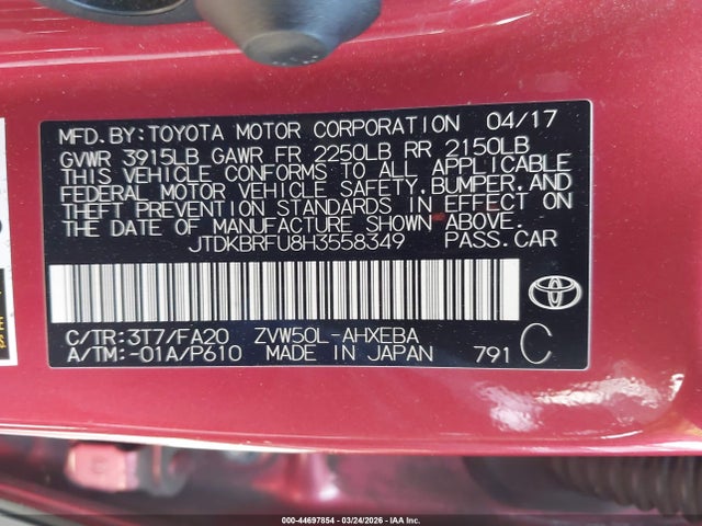 JTDKBRFU8H3558349 Toyota Prius One