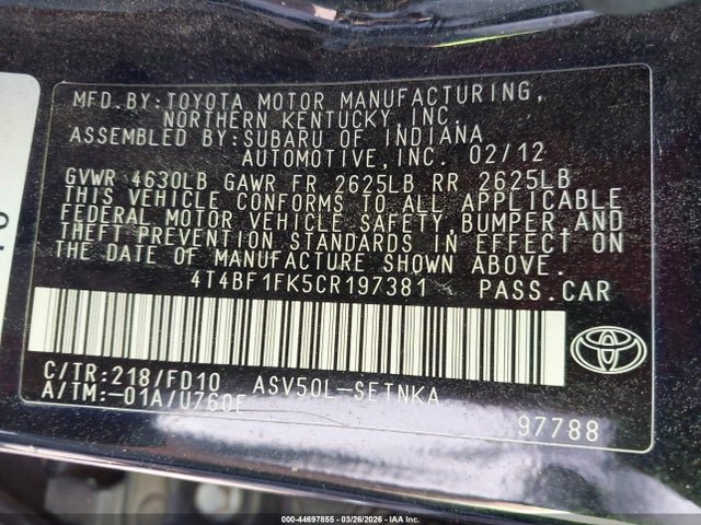 44697855 :رقم المزاد ، 4T4BF1FK5CR197381 vin ، 2012 Toyota Camry Le مزاد بيع