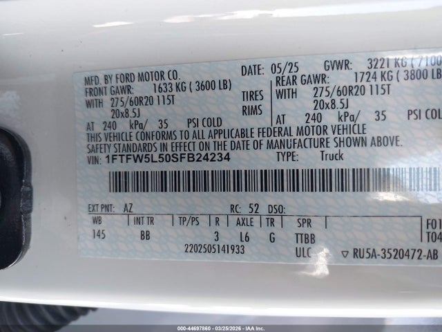 Продаж на аукціоні авто 2025 Ford F-150 Lariat, vin: 1FTFW5L50SFB24234, номер лоту: 44697860