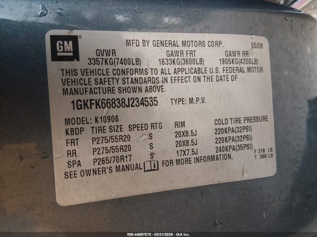 44697878 :رقم المزاد ، 1GKFK66838J234535 vin ، 2008 Gmc Yukon Xl 1500 Denali مزاد بيع