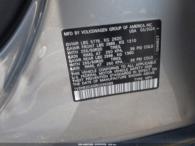 Aukcja sprzedaży 2024 Volkswagen Atlas Cross Sport 2.0t Se W/technology, vin: 1V2HE2CA5RC236366, numer aukcji: 44697899
