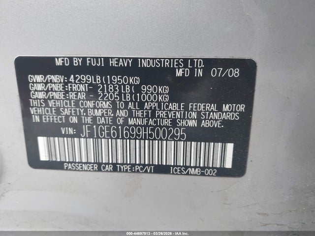 44697913 :رقم المزاد ، JF1GE61699H500295 vin ، 2009 Subaru Impreza 2.5i مزاد بيع