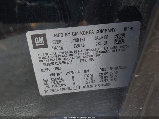 Aukcja sprzedaży 2021 Chevrolet Trailblazer Fwd Ls, vin: KL79MMS23MB084615, numer aukcji: 44697921