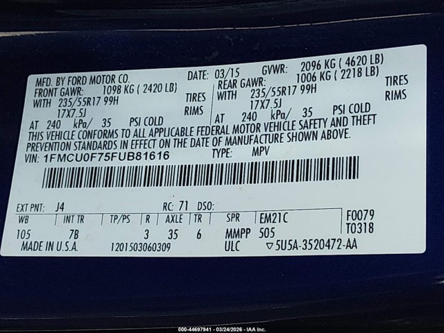 Ford ESCAPE S 2015 1FMCU0F75FUB81616 Image 9