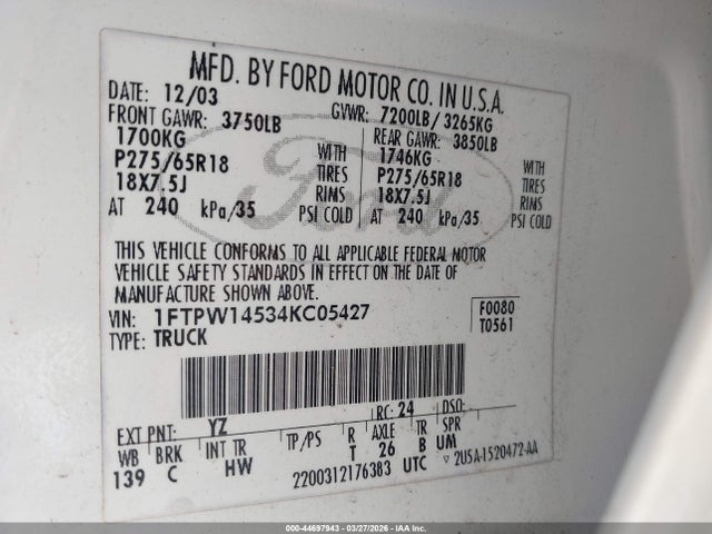 2004 Ford F-150 Fx4/lariat/xlt მანქანა იყიდება აუქციონზე, vin: 1FTPW14534KC05427, აუქციონის ნომერი: 44697943