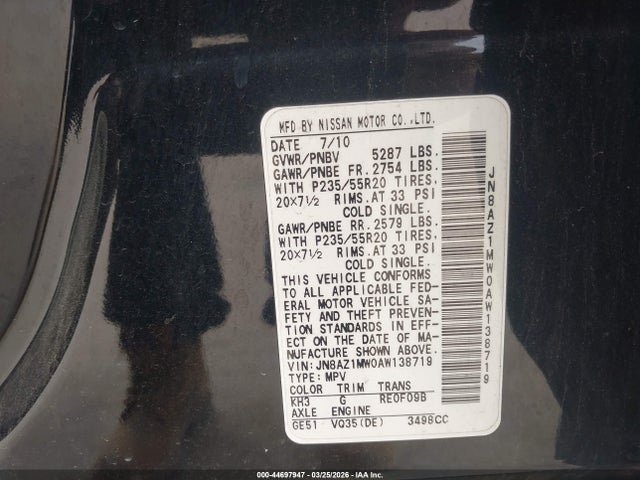 Aukcja sprzedaży 2010 Nissan Murano Le, vin: JN8AZ1MW0AW138719, numer aukcji: 44697947