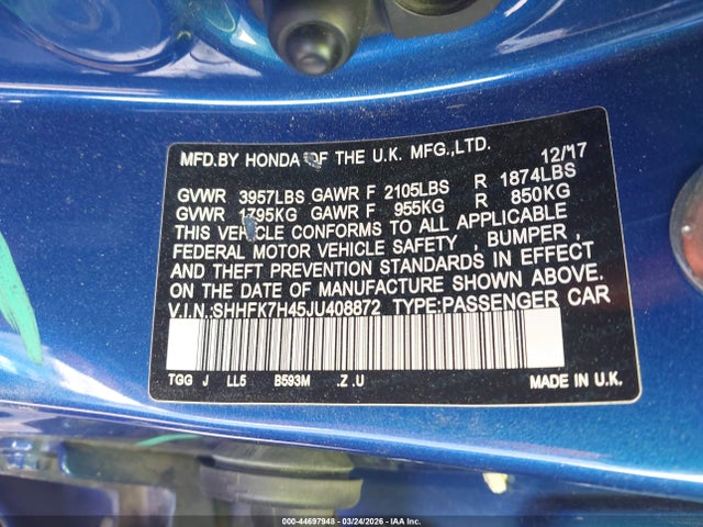 SHHFK7H45JU408872 Honda Civic Sport