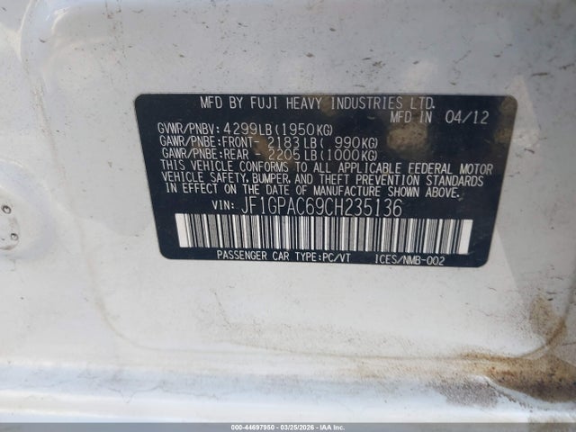 Aukcja sprzedaży 2012 Subaru Impreza 2.0i Premium, vin: JF1GPAC69CH235136, numer aukcji: 44697950