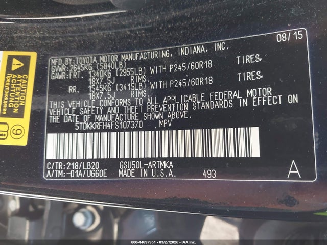 Toyota Highlander Xle V6 2015 5TDKKRFH4FS107370 Image 9