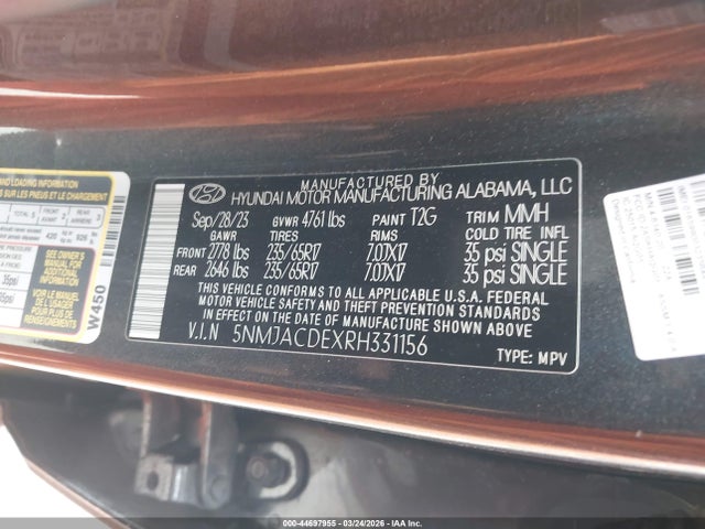 44697955 :رقم المزاد ، 5NMJACDEXRH331156 vin ، 2024 Hyundai Tucson Se مزاد بيع