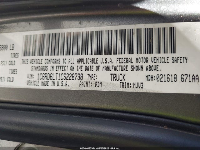 Продаж на аукціоні авто 2012 Ram 1500 Slt, vin: 1C6RD6LT1CS228738, номер лоту: 44697964