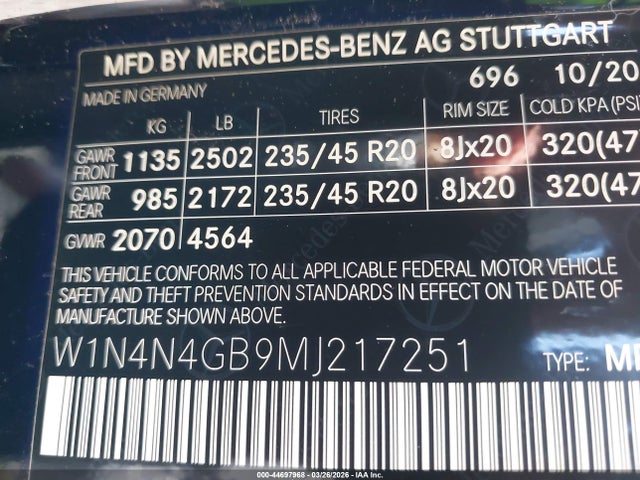 W1N4N4GB9MJ217251 Mercedes-Benz GLA 250