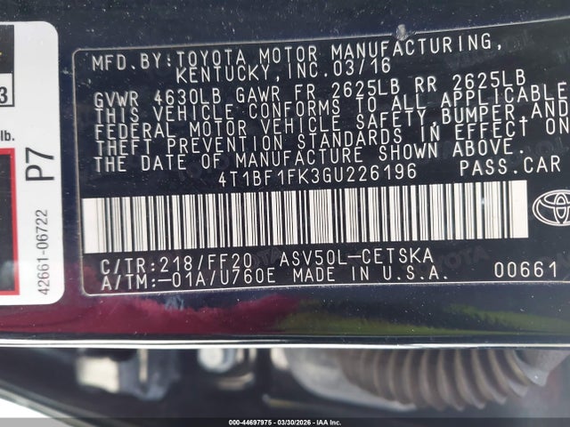 4T1BF1FK3GU226196 Toyota CAMRY SE